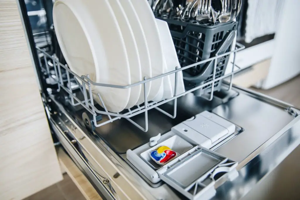 Colorful dishwasher detergent tablet for dishwashing machine.