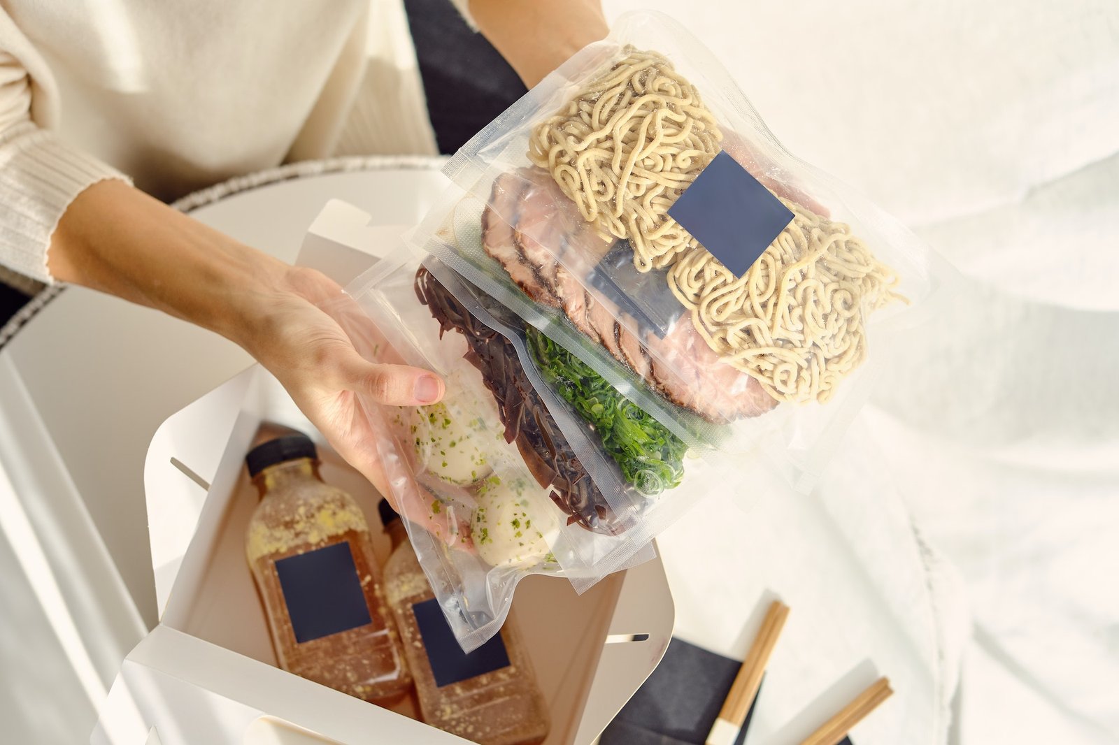 Crop faceless person demonstrating food in vacuum bags