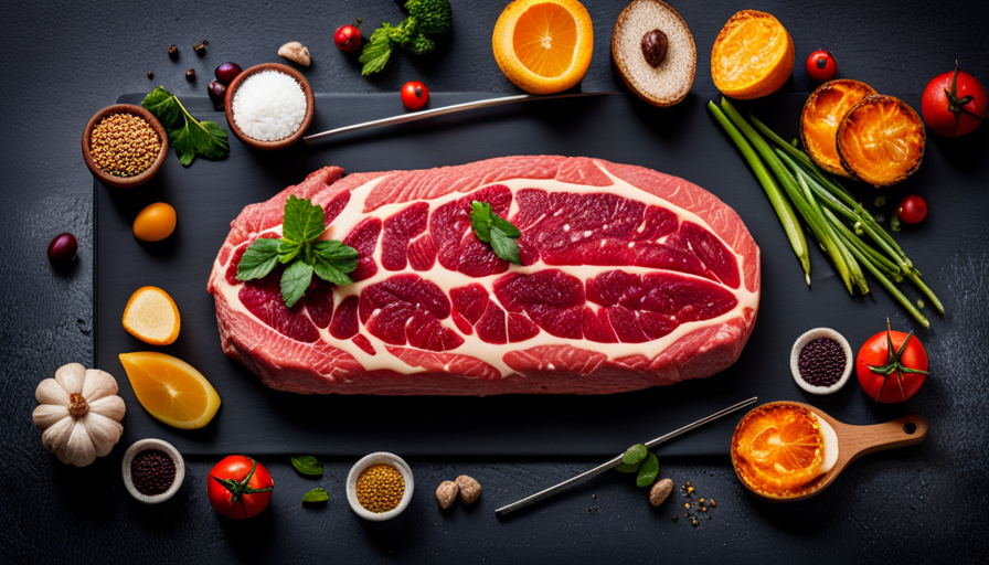 An image showcasing a perfectly preserved vacuum-sealed steak, rich in vibrant color and marbling, surrounded by a collection of various perishable food items in various stages of decay