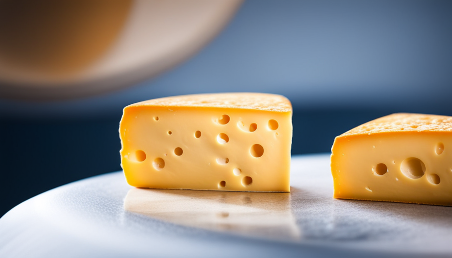 An image showcasing a vacuum-sealed block of cheese tucked inside a refrigerator