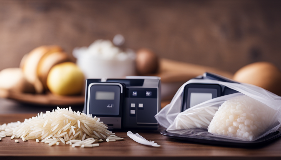 An image showcasing a vacuum-sealed bag of rice placed on a kitchen countertop next to a calendar with days crossed off, revealing the gradual passage of time