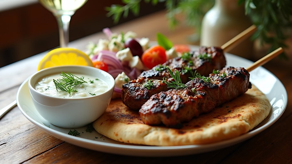 sear lamb skewers and serve