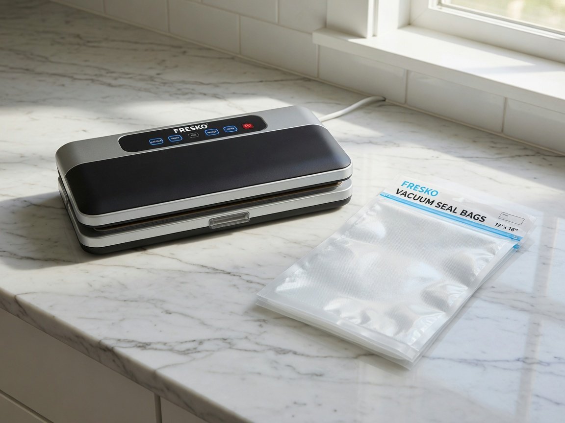 FRESKO compact vacuum sealer machine sitting on a white marble kitchen counter beside a folded vacuum seal bag, bright