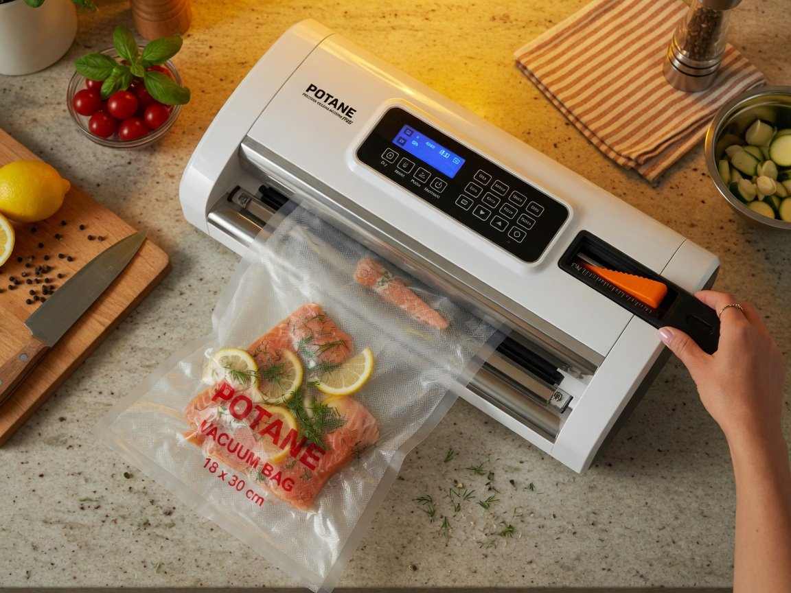Potane Precision Vacuum Machine Pro on a kitchen counter, user pulling a cut vacuum bag from the built-in cutter