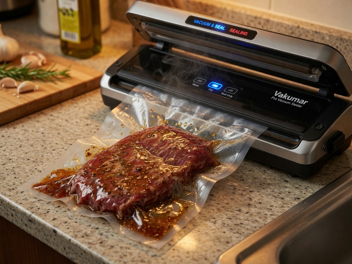 Vakumar vacuum sealer machine on a kitchen counter with a marinated flank steak inside a clear vacuum bag being sealed