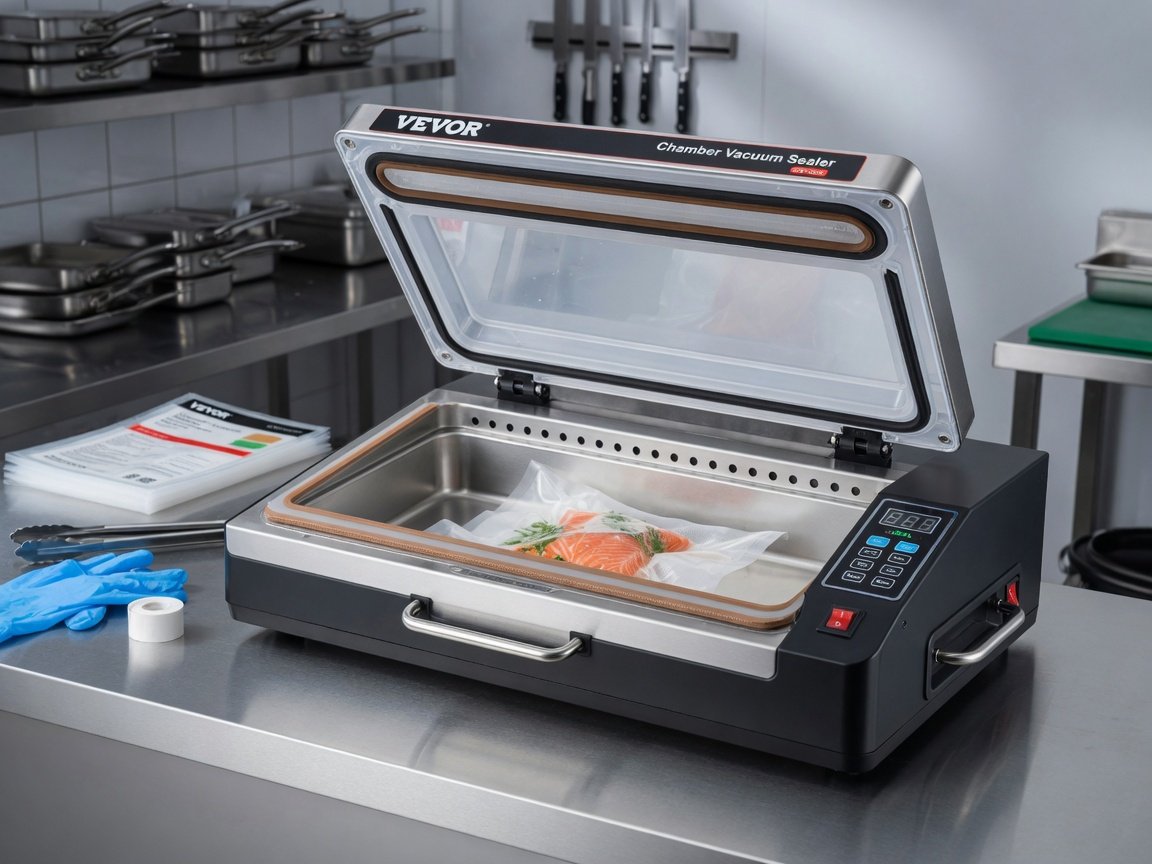 VEVOR chamber vacuum sealer machine on a stainless steel countertop, lid open showing the sealing chamber inside