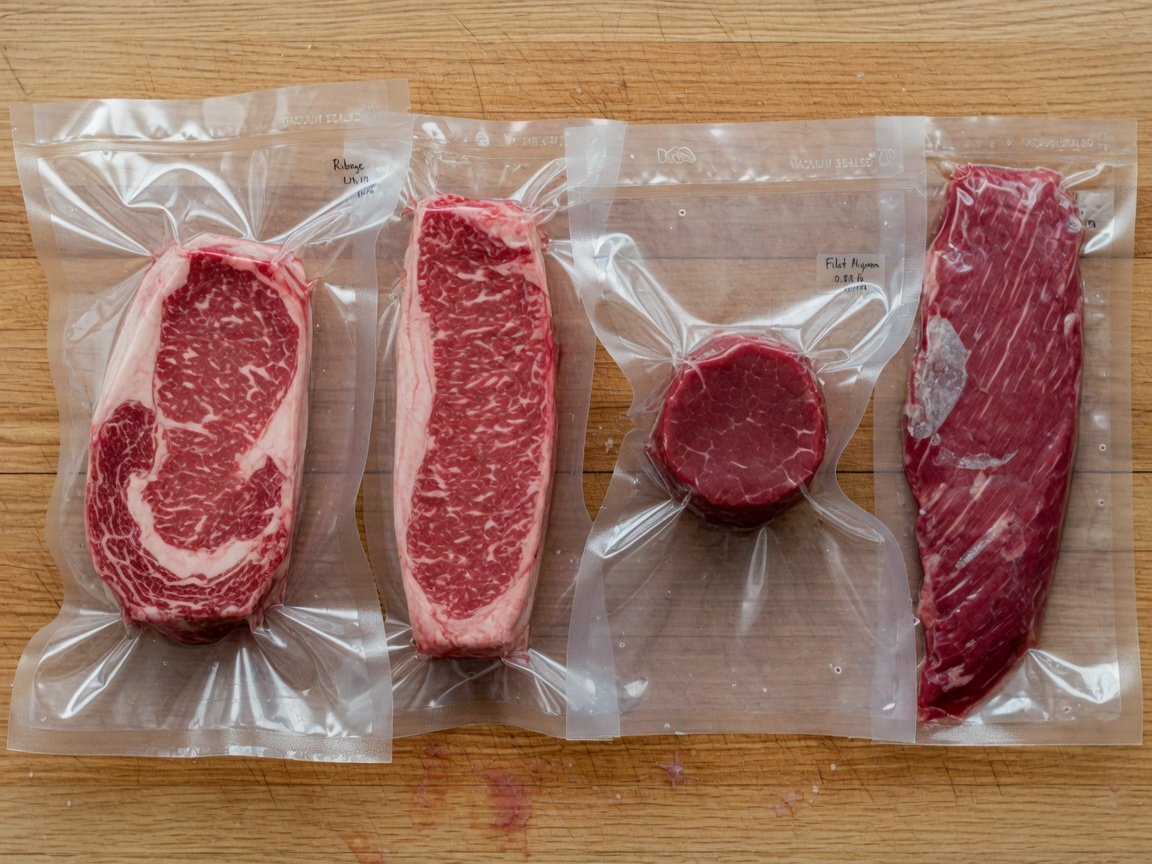 Four clear vacuum-sealed bags each containing a different steak cut, lined up side by side on a wooden board, showing