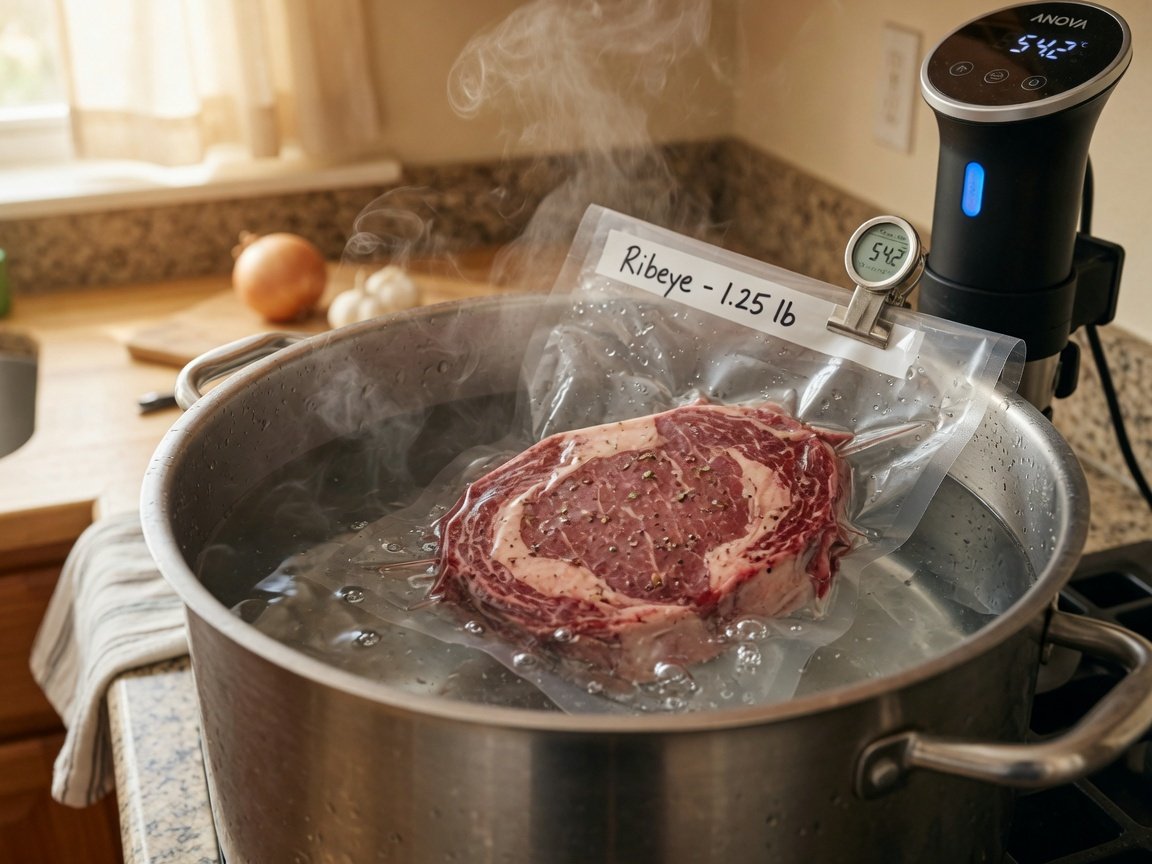 A vacuum-sealed ribeye steak submerged in a sous vide water bath in a large pot, steam rising gently, warm kitchen