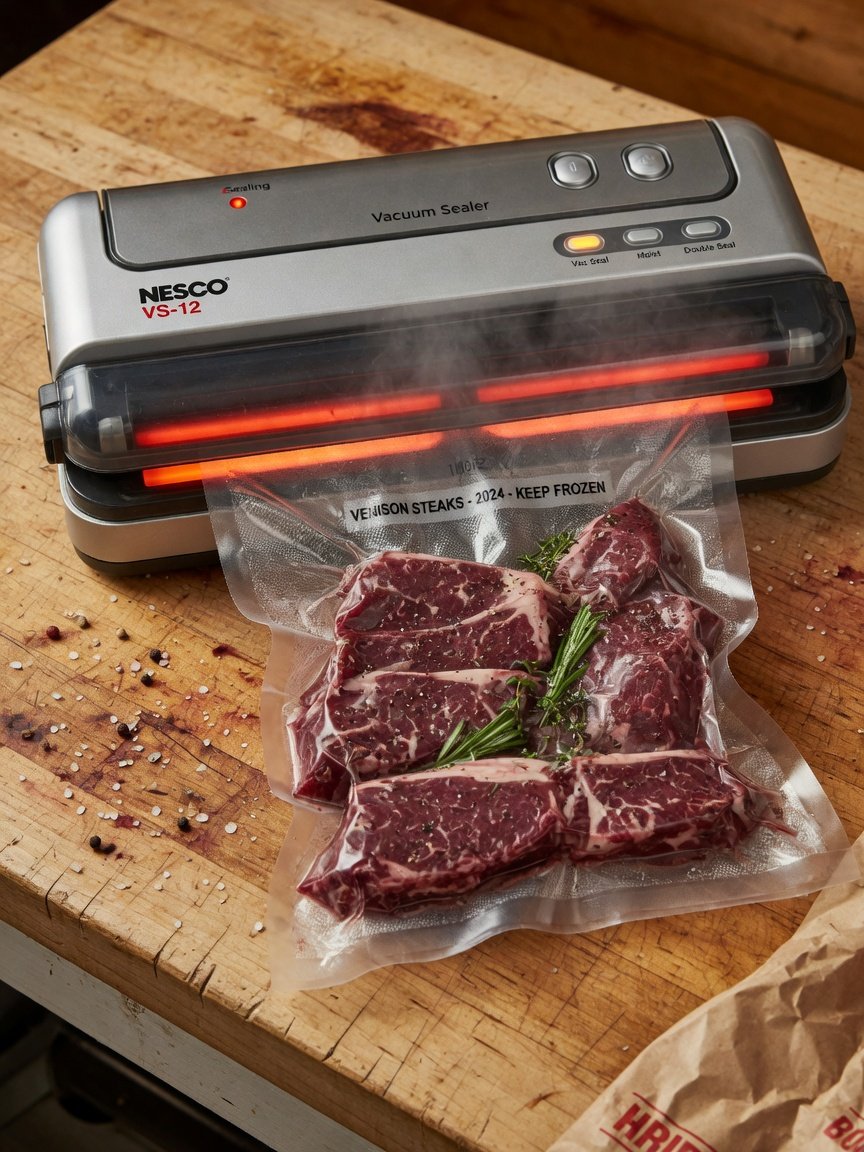 Close-up of a silver Nesco VS-12 vacuum sealer mid-operation on a wooden butcher table, sealing a bag of thick venison