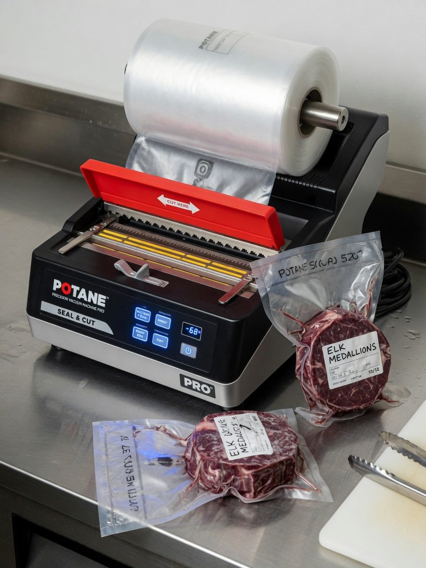 The Potane Precision Vacuum Machine Pro on a clean stainless-steel prep counter with a roll of vacuum bag material