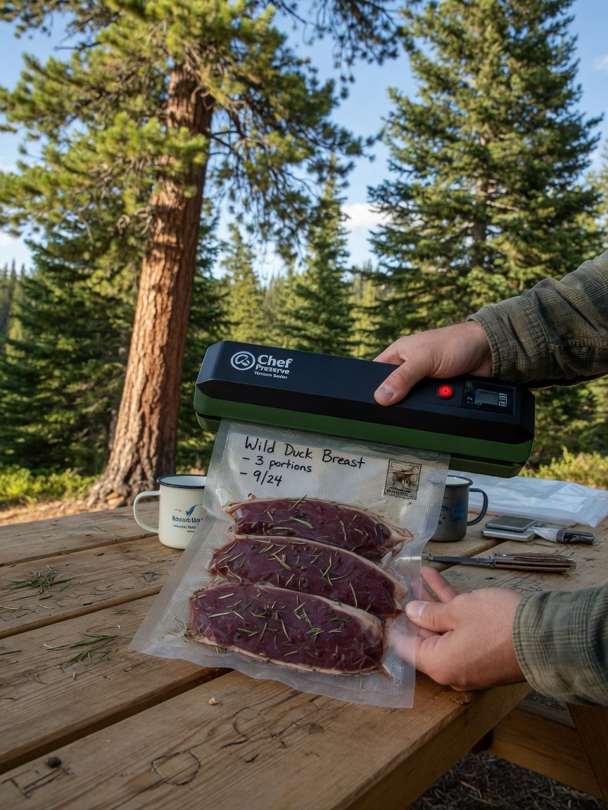 A compact handheld Chef Preserve vacuum sealer being used at a camp picnic table to seal a bag of portioned wild duck