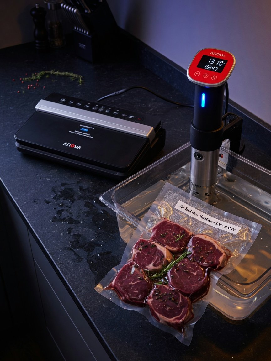 The Anova Culinary Precision Vacuum Sealer Pro on a modern kitchen counter beside an Anova sous vide circulator and a