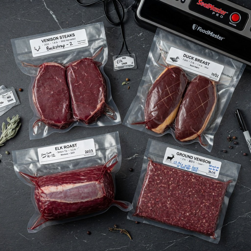 Overhead flat-lay of four vacuum-sealed packages of wild game meat — venison steaks, duck breast, elk roast, and ground