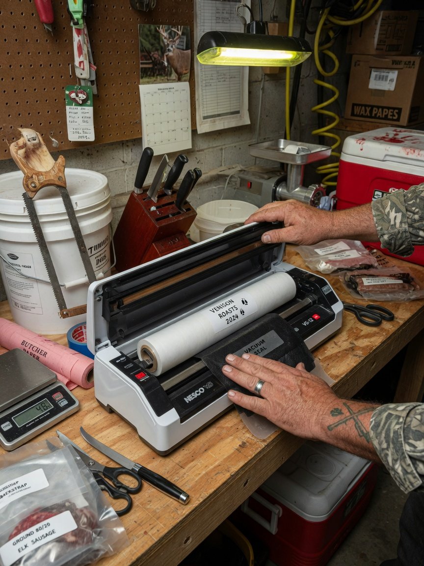 A hunter's hands loading a bag roll into the Nesco VS-12 at a garage butcher station, surrounded by game processing