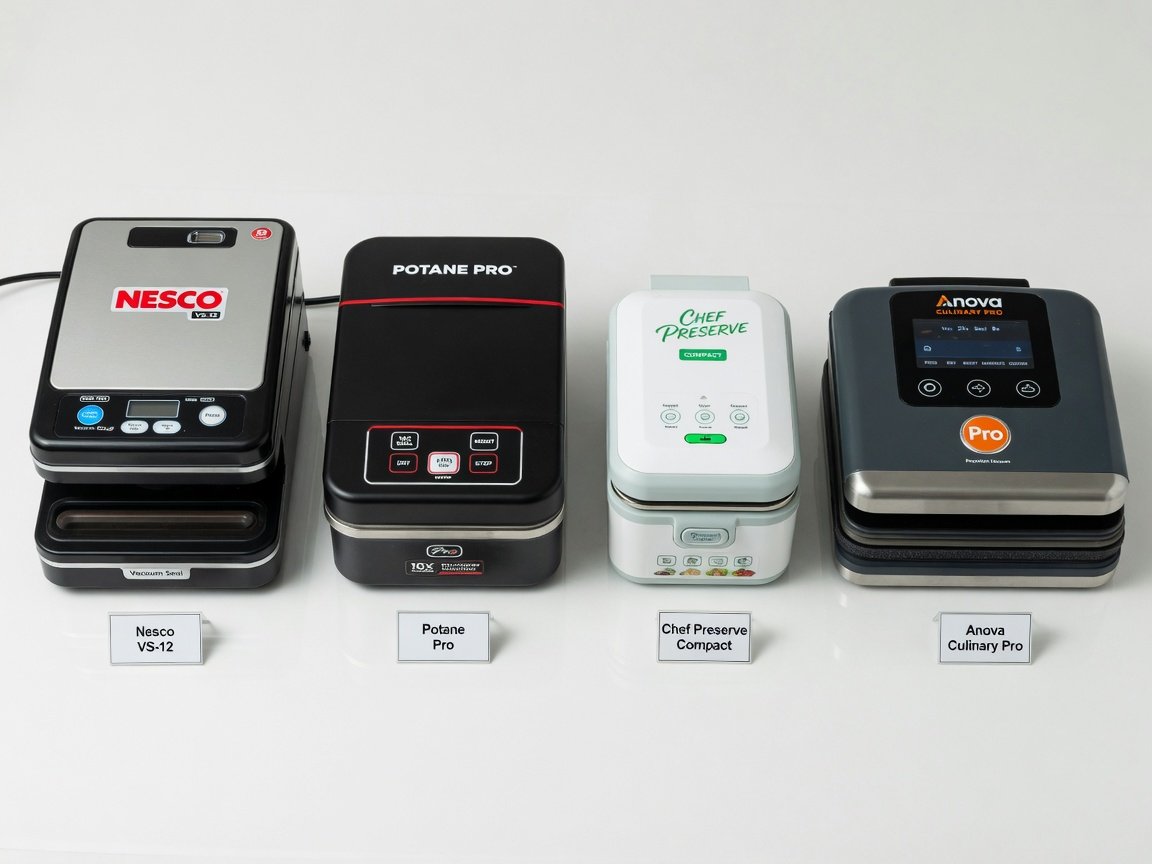 Side-by-side lineup of all four vacuum sealers — Nesco VS-12, Potane Pro, Chef Preserve Compact, and Anova Culinary Pro