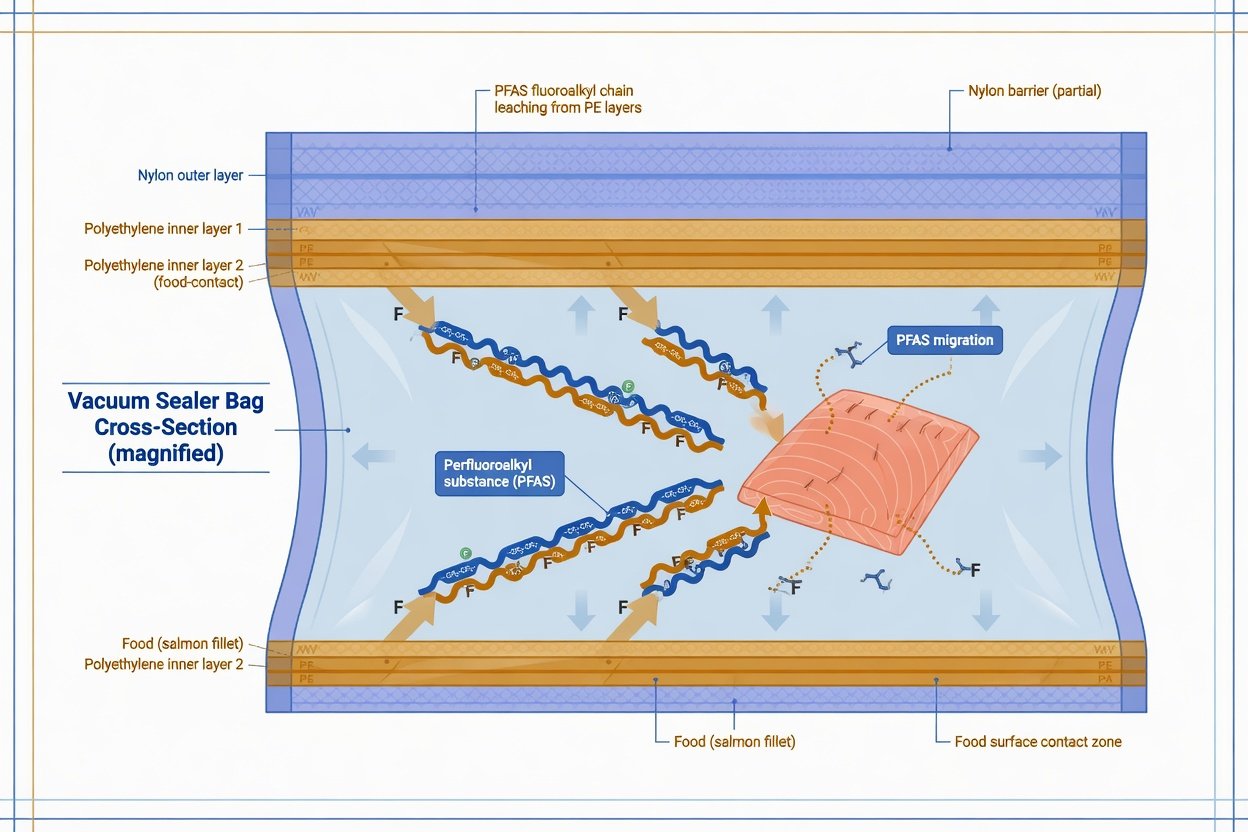 Scientific diagram of vacuum sealer bag cross-section showing polyethylene and nylon layers with PFAS molecules