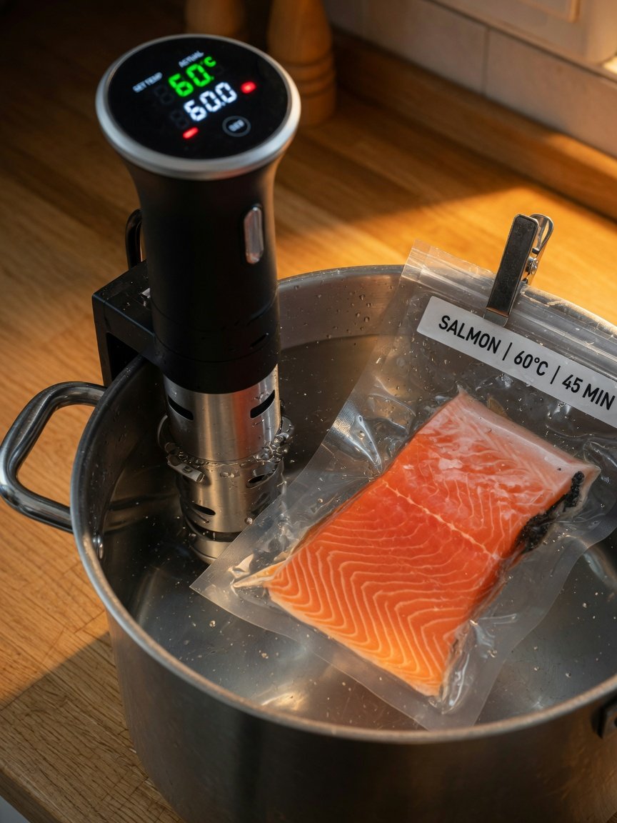 Sous vide immersion circulator with vacuum-sealed salmon bag in a water bath at 60°C