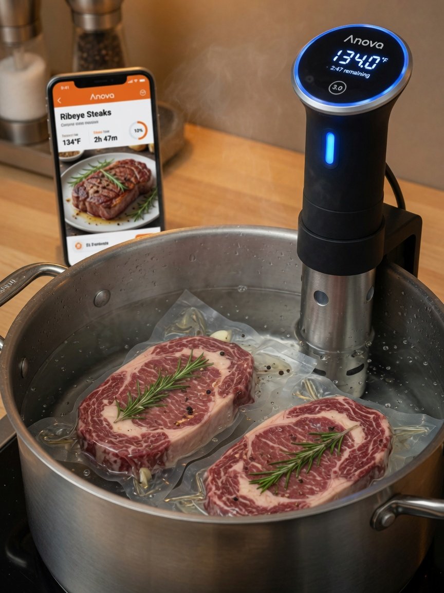 Anova Culinary Sous Vide Precision Cooker 3.0 clipped to the rim of a brushed stainless steel pot, water gently