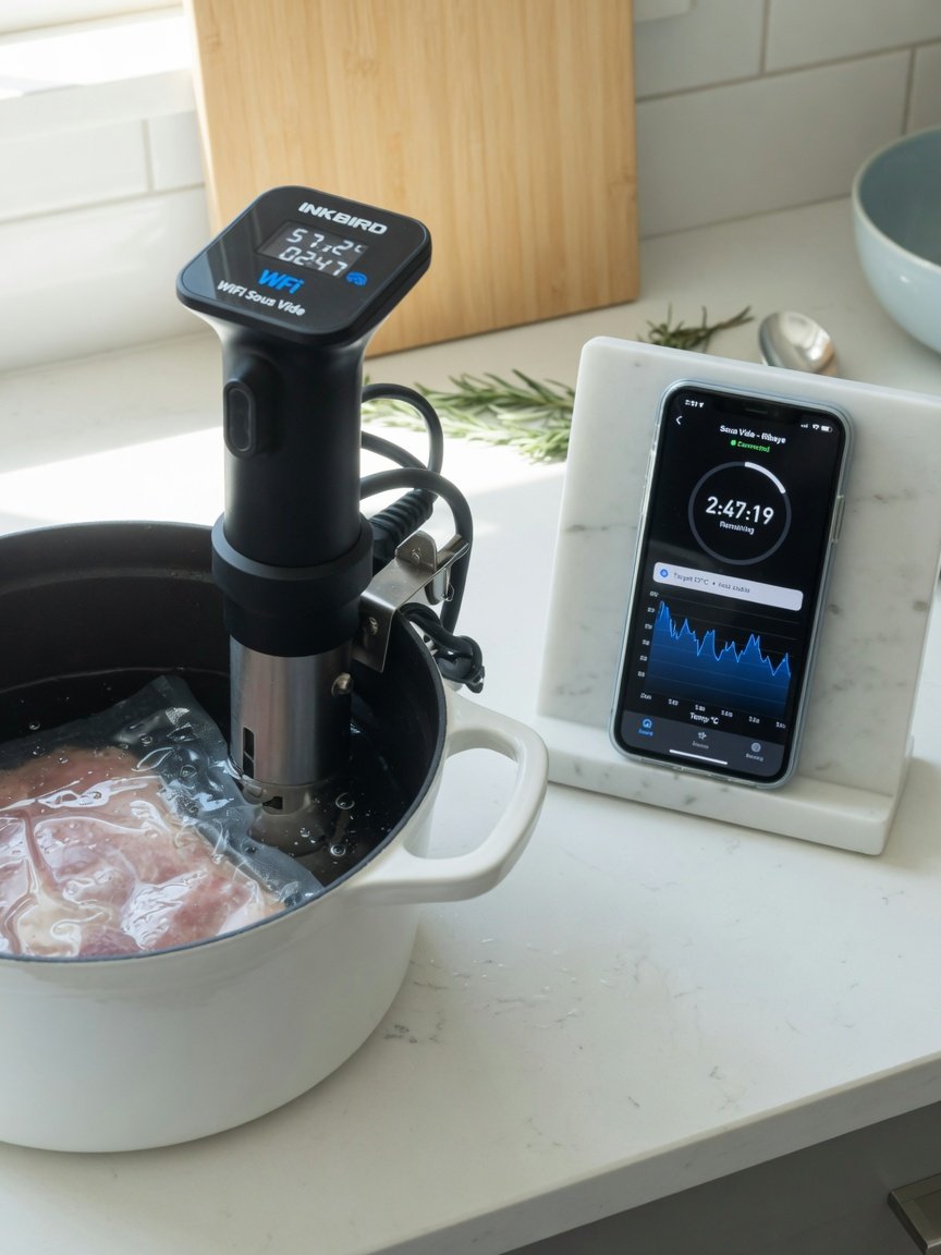 INKBIRD WiFi sous vide cooker clipped to a white ceramic dutch oven, a smartphone propped beside it showing the INKBIRD