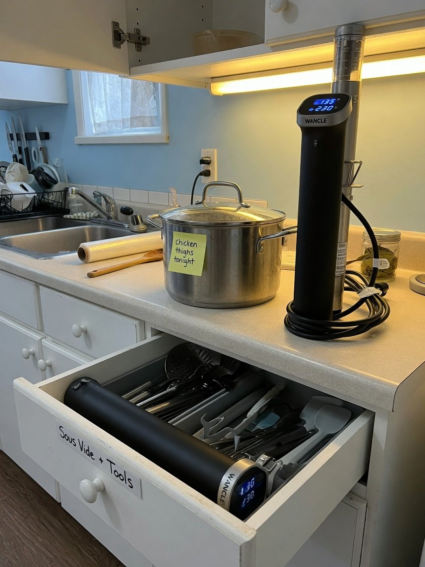 Wancle sous vide cooker displayed beside a compact stockpot on a small apartment kitchen counter, the cooker standing