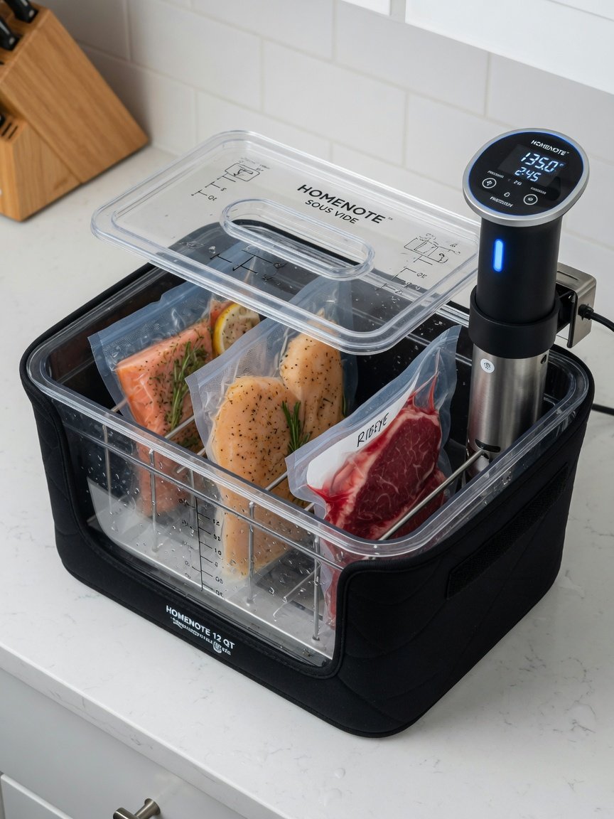 HOMENOTE 12-quart polycarbonate sous vide container fully assembled with lid featuring a pre-cut circulator slot