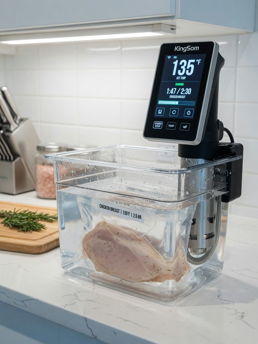 KingSom sous vide cooker mounted on a clear container, its large LCD touchscreen prominently displaying temperature