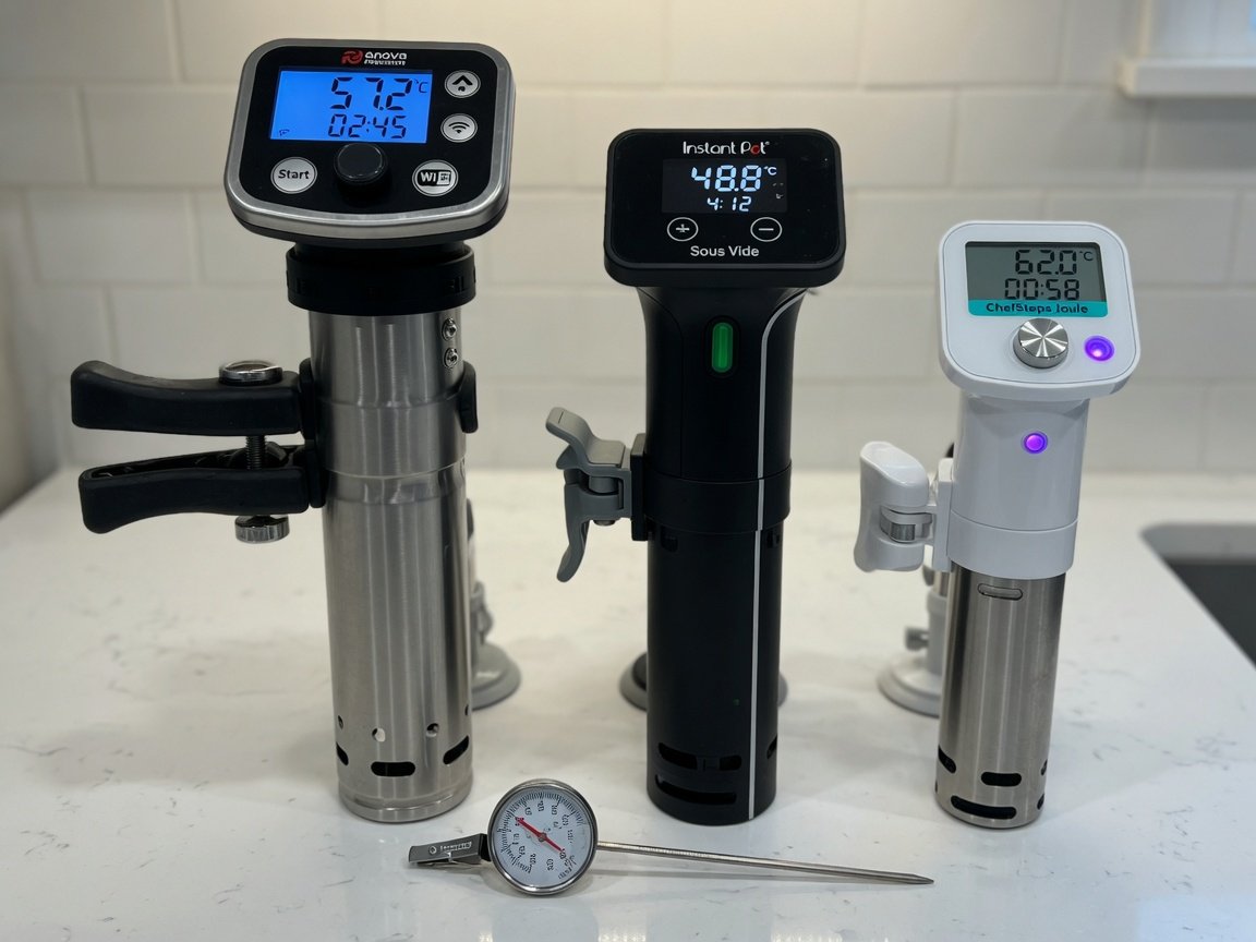 Three sous vide immersion circulators standing side by side on a white kitchen countertop, showing clear differences in