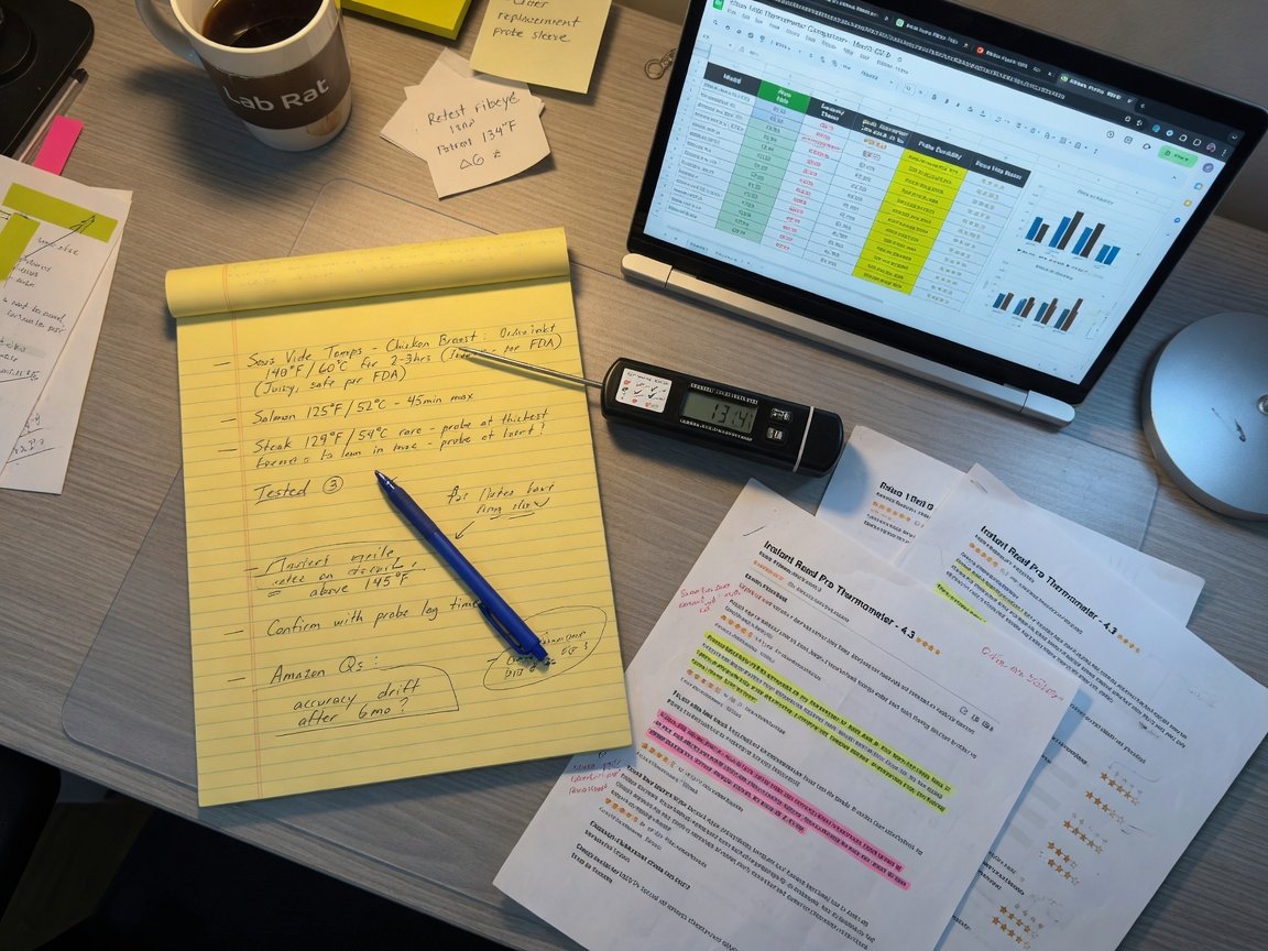 Organized research workspace showing a legal pad with handwritten sous vide temperature notes, a calibrated digital