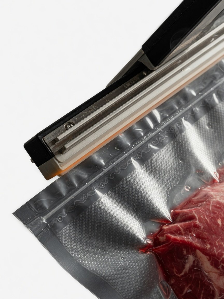 Close-up of a heavy-duty vacuum sealer dual-heat seal bar creating a perfect bond on a textured food bag