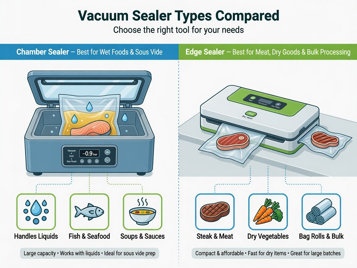 Flat design infographic comparing chamber vacuum sealers vs edge sealers for heavy use cooking