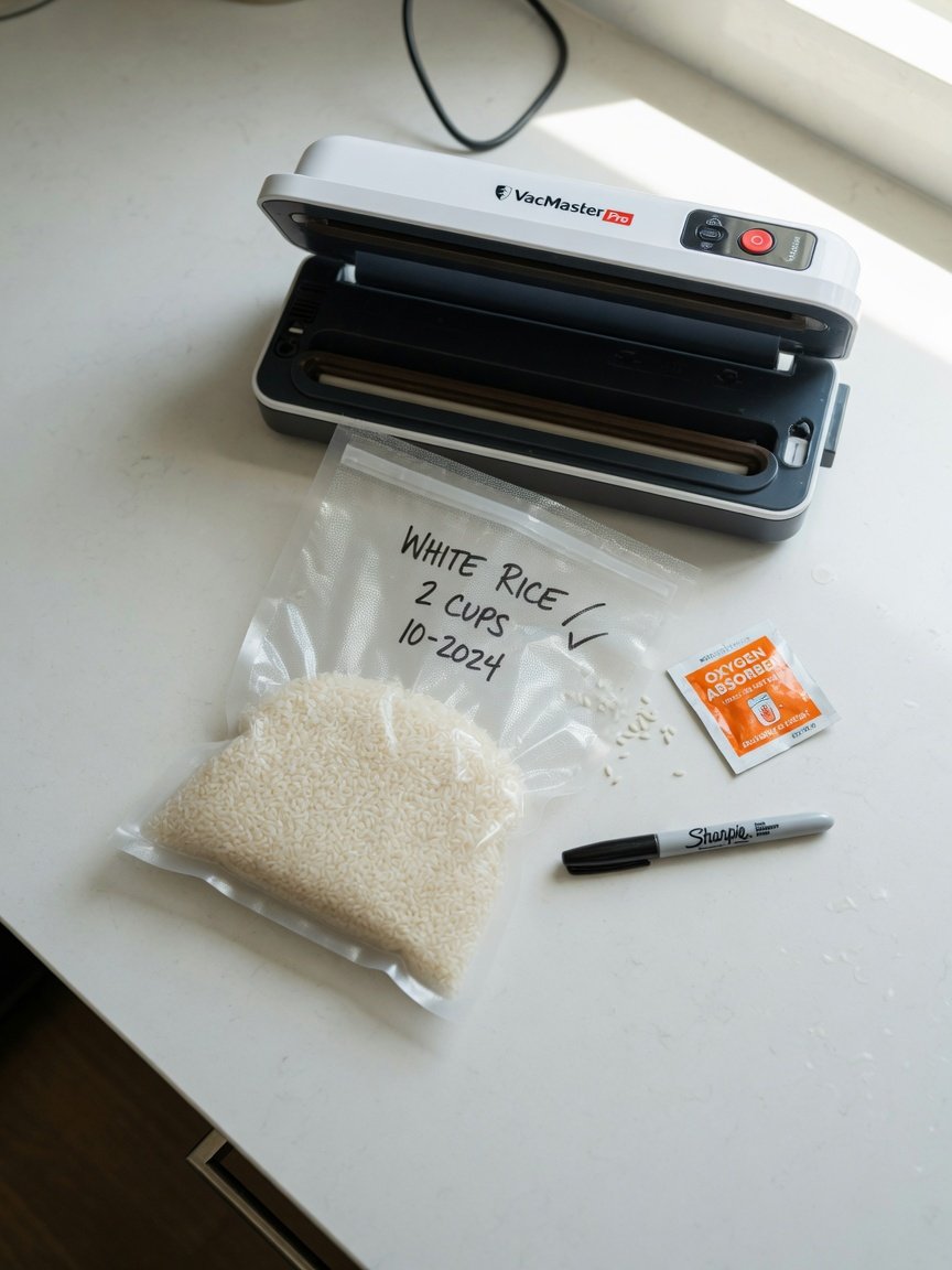 Step-by-step vacuum sealing rice process with oxygen absorbers and sealer machine on kitchen counter