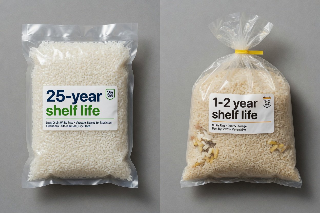 Comparison of vacuum sealed white rice versus open pantry rice bags showing freshness difference