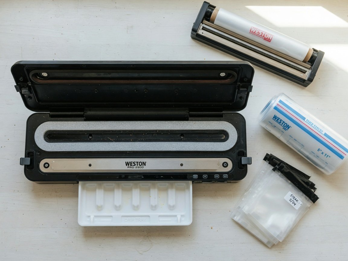 A top-down flat-lay photo of the Weston Pro 2300 vacuum sealer open and ready to seal, showing the stainless steel