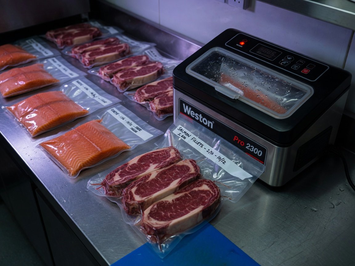 An action shot of vacuum-sealed bags of raw salmon fillets and sliced ribeye steaks lined up on a stainless steel prep